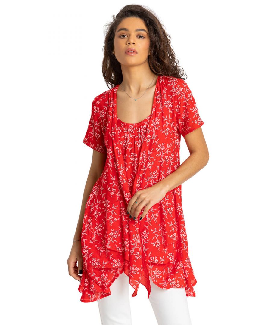 Roman Women's Floral Print Crinkle Tunic Top|Size: 10|red