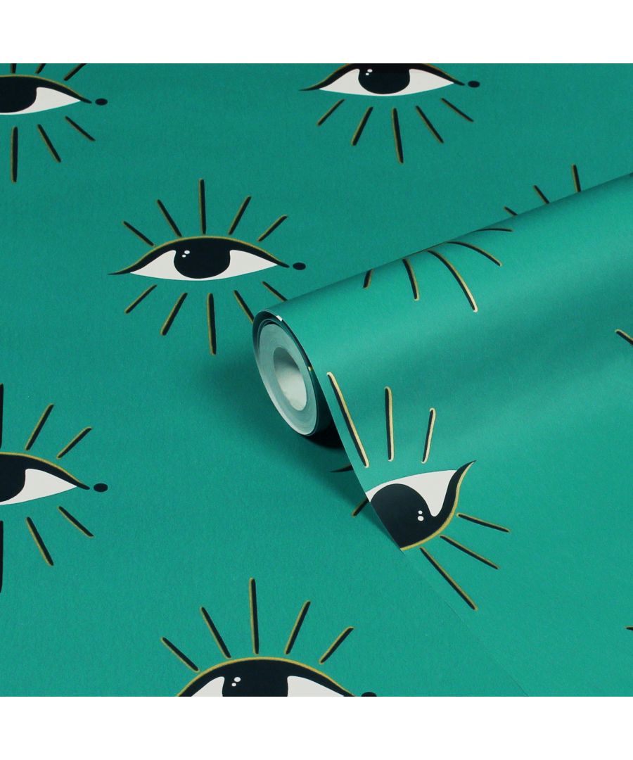 Add instant personality to your room with the Theia wallpaper featuring gold foil mystical watching eyes. This striking design will add a youthful energy to any room you choose to use it in. A rich turquoise green hue sits behind the design, bringing a contemporary colour scheme into your home. This wallpaper is a paste the wall application; simply paste the wall, hang your paper, and leave to dry. Each roll is 10m long and 52cm wide. Pattern repeat: 53cm Straight Match. Our Theia wallpaper can be used to paper the whole room or to create an eye-catching feature wall. This wallpaper is also wipeable so that any light marks can be dabbed away.