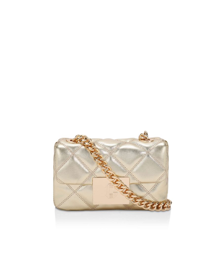 The Gemstone Mini bag features a gold exterior with diamond overstitch quilt. The front flap closes with a gold tone Signature C clasp. 13cm (H), 21cm (L), 7cm (D) Strap drop cross body: 121cm. Adjustable angled chain strap with insert. Single magnetic closure under branded plate. Can fit phones up to 7 inches. Small internal lining pocket. Exterior: Leather alternative. Interior: Monogrammed interior lining.