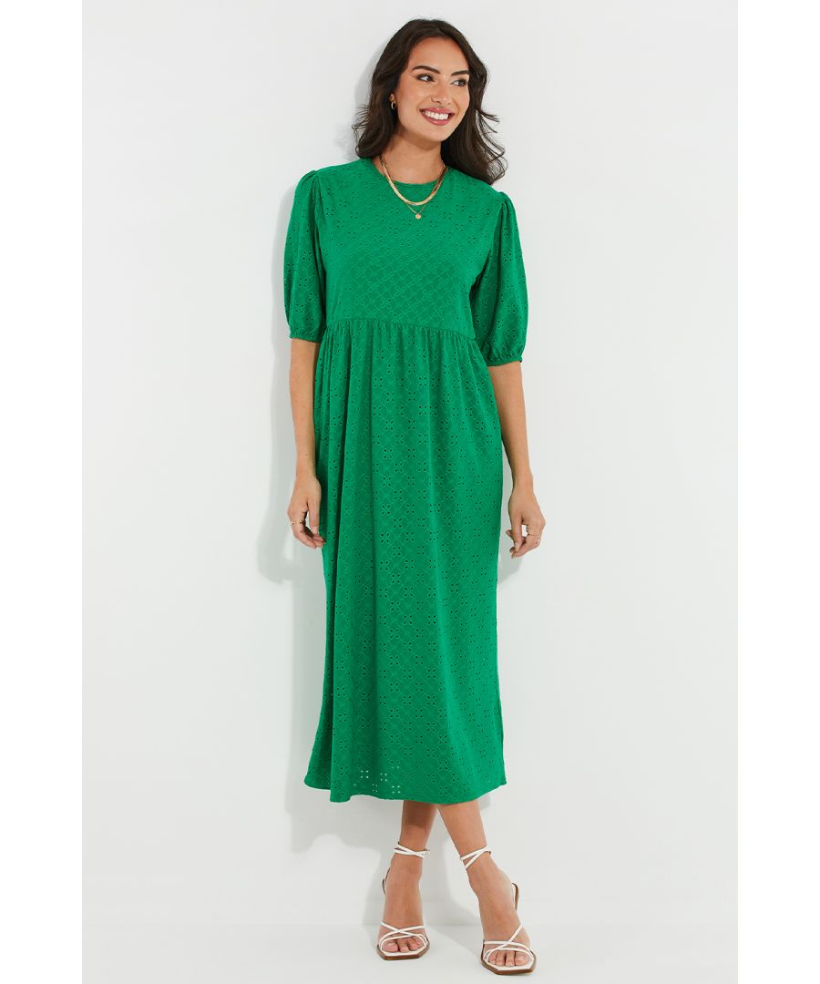 Freshen up your wardrobe with this broderie anglaise midi, smock dress from Threadbare. The dress features a round neckline, an empire waist, puff sleeves and a slip dress underneath. Team up with trainers for a casual look or heels for evenings out, other colours and styles are also available.