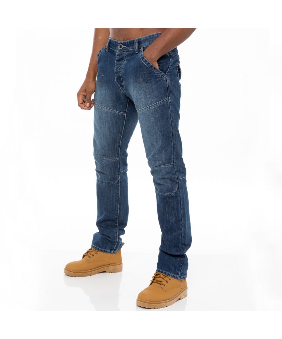 Turn up your style a notch with the latest midwash mens jeans. Enzo straight fit jeans in cotton blend blue denim feature a zip fly, double belt loops, seams at knee and thigh and back pockets with flaps. Straight leg jeans never go out of style and are perfect for relaxed weekends; tailored to sit just below the natural waist, they suit all figure types and with sizes up to 48, theres a pair of Enzo jeans to fit everyone.\nAlso available in Blue, Grey and Black.