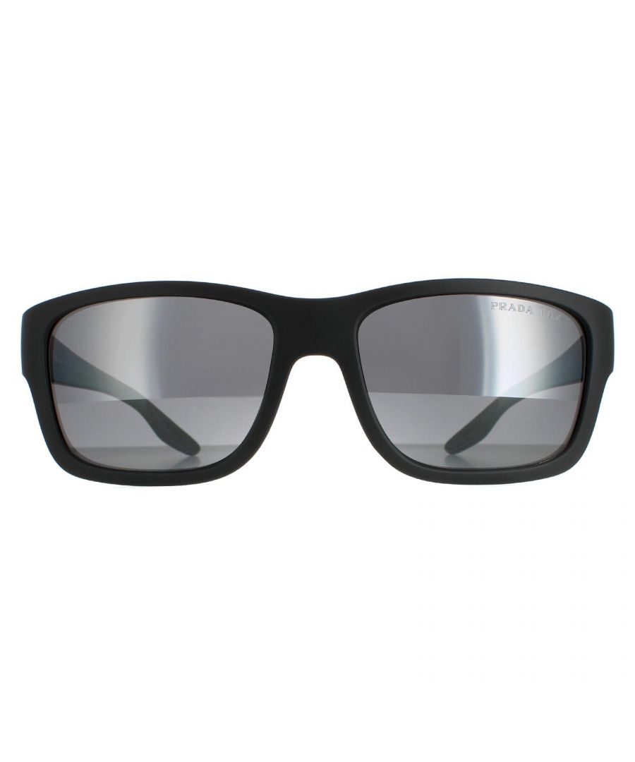 Prada Sport Rectangle Mens Grey Rubber Dark Grey Silver Mirror Polarized PS01WS  PS01WS are a classic rectangle style crafted from lightweight acetate. The distinctive Prada Linea Rossa red stripe on the arm ensures brand authenticity.