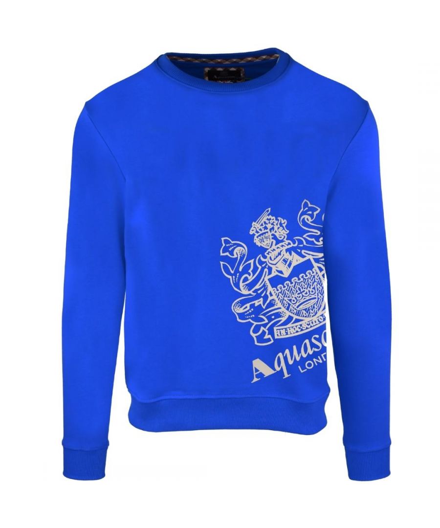 Aquascutum Aldis Side Logo Blue Jumper. 100% Cotton. Elasticated Hem and Sleeve Endings. Regular Fit, Fits True To Size. FGIA27 81