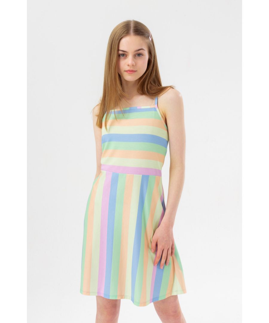 Meet the HYPE. Girls Multi Pastel Striped Beach Dress, perfect for those warm summer days. Designed in a 95% Poly fabric base for the ultimate light comfort, boasting shoulder straps, an all-over multi pastel stripe print, and the HYPE. mini script logo in contrasting pink. Complete the look with a pair of HYPE. sunglasses and sliders.