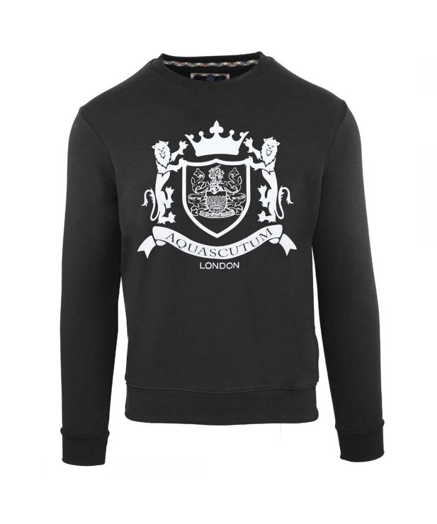 Aquascutum Royal Logo Black Jumper. Elasticated Collar, Sleeve Ends and Waist. 100% Cotton Sweater. Regular Fit, Fits True To Size. FGIA08 99
