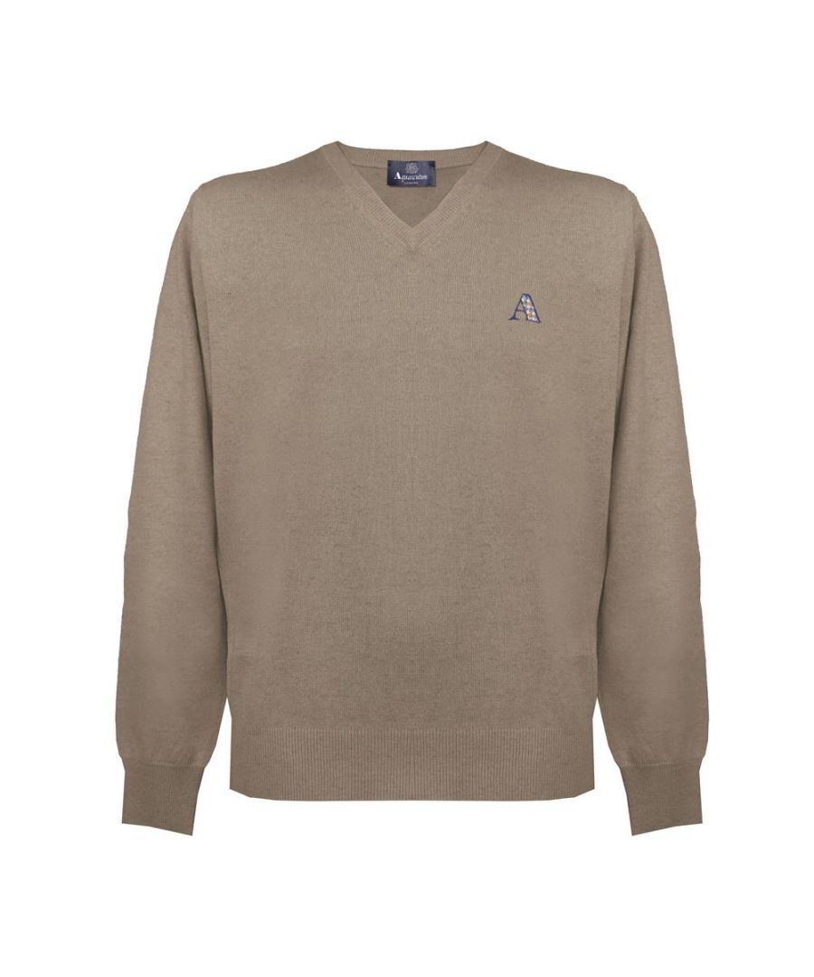 Aquascutum Mens Long Sleeved/V-Neck Knitwear Jumper with Logo in Brown