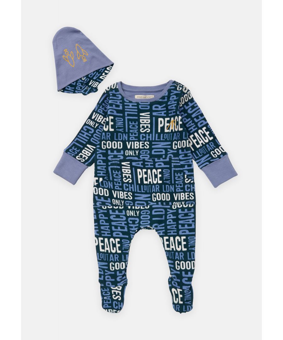 Boss it like a baby in our positive vibes onesie. In super soft cotton jersey with matching dribble bib and popper leg opening for easy fuss free dressing.  Angel & Rocket cares - made with Fairtrade cotton  Colour: Blue  100% Cotton  Look after me: Think planet  wash at 30c