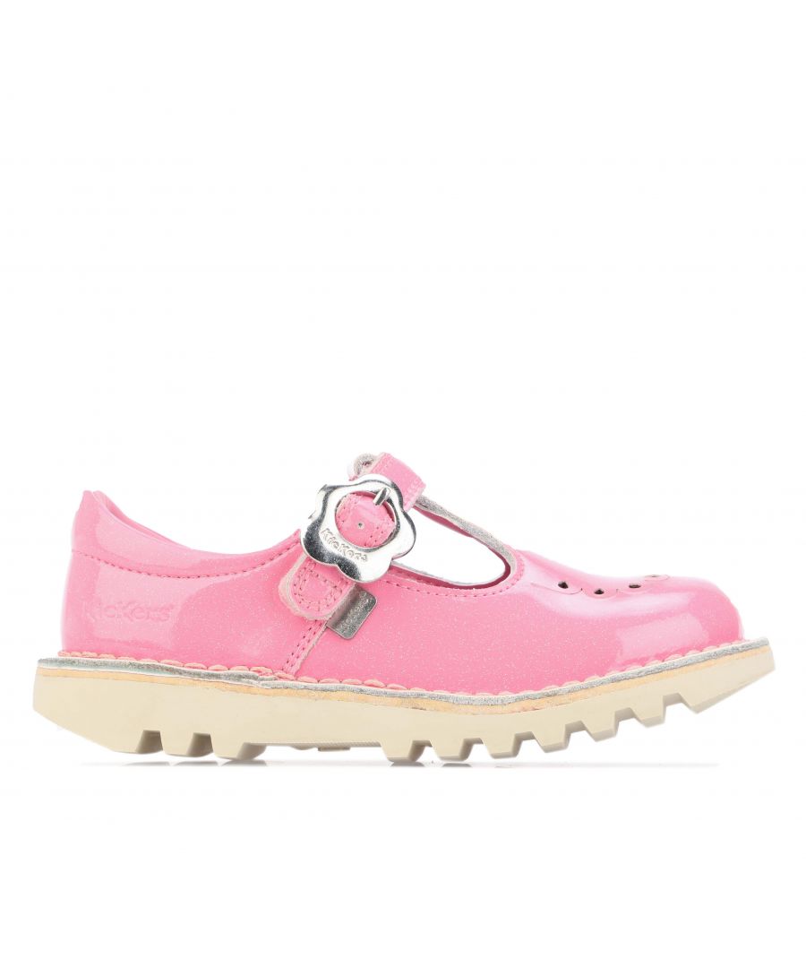 Infant Girls Kickers Fleur T Bar Shoe in pink.- Leather upper.- Rip tape fastening.- Sweet flower shaped buckle.- Padded collar.- Textile lining.- Rubber sole.- Ref:116519