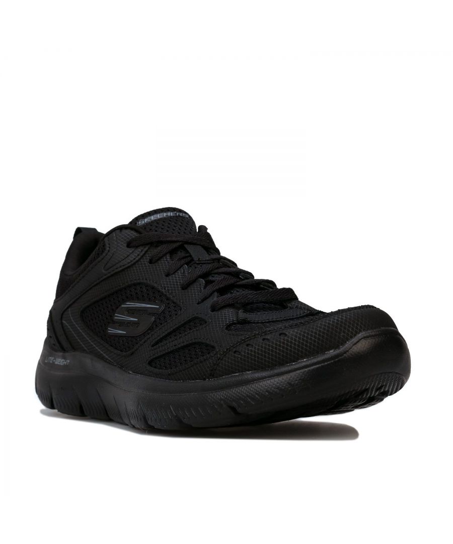 Mens Skechers Summits South Rim Trainers in black.- Lace fastening- Breathable upper- Memory foam insole- Lightweight trainer- Flexible traction outsole- Padded collar and tongue- Pull tab to heel- Branding to heel  side and tongue- Synthetic Leather and Textile Upper  Textile Lining  Synthetic Sole- Ref: 52812BBK