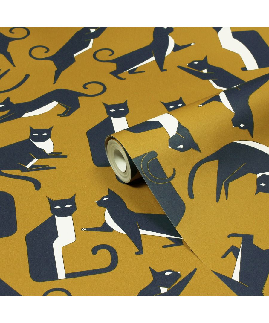 The Geo Cat wallpaper is purr-fect wallpaper for any cat lover. This wallpaper features adorable geometric black and white posing cats. A bold mustard hue sits behind the design, bringing a playful but modern colour scheme into your home. This wallpaper is a paste the wall application; simply paste the wall, hang your paper, and leave to dry. Each roll is 10m long and 52cm wide. Pattern repeat: 53cm Straight Match. Our Geo Cat wallpaper can be used to paper the whole room or to create an eye-catching feature wall. This wallpaper is also wipeable so that any light marks can be dabbed away.