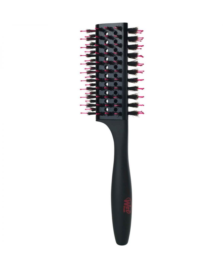 Quicker blow drying\n\n\n\n\n\nVented blow drying brush cuts down dry time\n\nBarrel brush adds volume\n\nNegative ions fight frizz\n\nEnriches hair with keratin and biotin\n\nCruelty free bristles\n\nUse hair drying brush daily for smooth locks\n\n\n\n\n\nThe WetBrush Fast Dry Triangle Brush combines all the benefits of Wet's detangling hair brush technology with quick drying benefits. Now, when you sweep your hair into this detangle brush barrel, it is coated with shine enhancing keratin and biotin. This banishes frizz instantly while allowing air to move through the brush itself.\n\nThe result is less drying time and a better-looking finish. The HeatFlex„¢ bristles are cruelty-free and help your hair shed tangles and retain shine.\n\nPlus, the brush emits negative ions - these can combat static in the environment that increases frizz. Add the WetBrush Fast Dry Brush to your blowdry routine for effortless bouncy hair each and every day.\n\n\n\n\n\nWetBrush Fast Dry Triangle Brush\n\n\n\n\n\n READ MORE\n\n\n\n\n\nit's as simple as\n\nStep 1: Section your damp hair.\n\nStep 2: Wrap each section around the WetBrush Fast Dry Triangle Brush and pull through gently as you apply hot air. Repeat from root to tip until dry.\n\nStep 3: Repeat step 2 until all your hair sections are dry. Do a few final passes to smooth style.