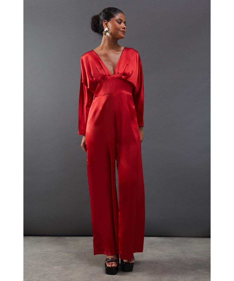 Warehouse Womens Satin Batwing Wide Leg Jumpsuit - Red - Size 8 UK