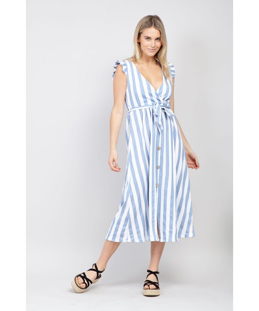 Stay on trend this season with this nautical stripe button up sun dress. It has a wrap v-neck, cap sleeves and comes in a midi length. Wear with tan heels or wedges for an instant style refresh.
