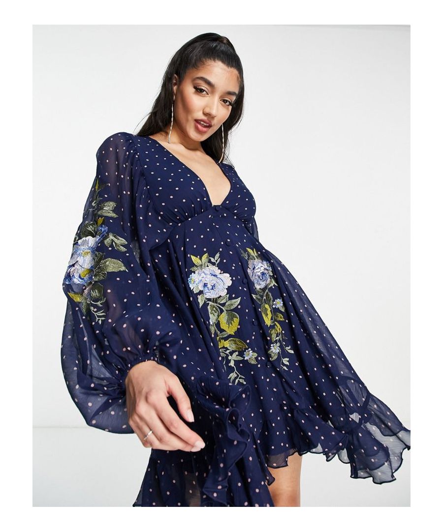 Mini dress by ASOS DESIGN Love at first scroll Floral embroidery All-over spot print Plunge neck Button details Open button back Zip-back fastening Regular fit Sold by Asos