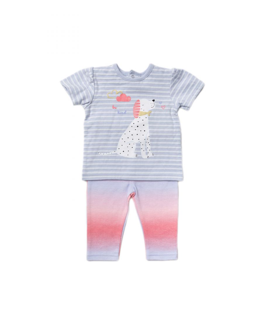 This Lily and Jack two-piece set features a cute t-shirt and pair of leggings. The t-shirt features an adorable, dalmatian print in the centre, and the lettering “be kind”. The matching leggings are ombre, contrasting with the t-shirt. This two-piece set is cotton, keeping your little one comfortable. This piece would make the perfect baby shower gift or new addition to your little one’s wardrobe.