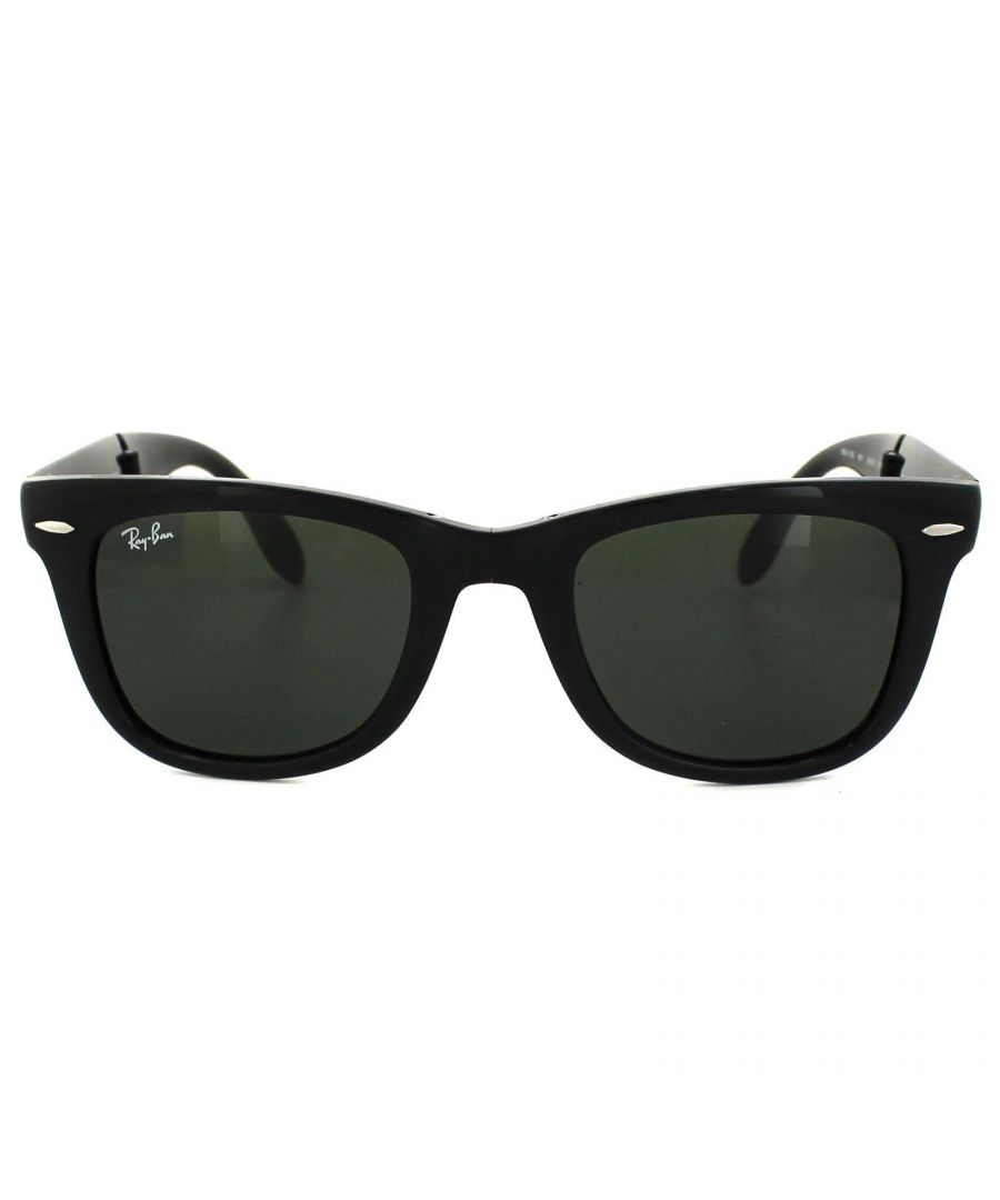 Ray-Ban Sunglasses Folding Wayfarer 4105 Black 601 50mm are a folding version of one of the most recognisable and bestselling sunglass styles worldwide and are enormously popular among celebrities, musicians and artists. The distinctive angled design and thick frame are sure to make a statement and Ray-Ban are constantly using vibrant colours and patterns to update this classic and popular style. The lightweight acetate frame is comfortable and the Ray-Ban logo is displayed on the corner of the lens in addition to the sculpted winged temples. They fold in the bridge and in the middle of the temples to give a compact finish that folds nicely into a suitable sized pouch for easy storage.