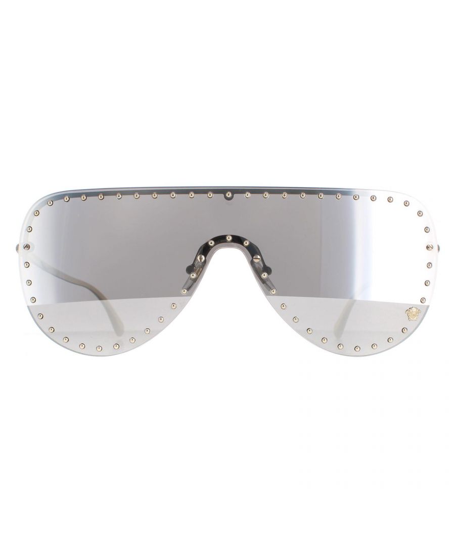 Versace Aviator Womens Pale Gold Light Grey Mirror Silver VE2230B  Sunglasses are a modern aviator shape with slender temples creating a comfortable and lightweight feel. The outer front frame showcases embellished crystals with the trademark Medusa head logo seen on the bottom left corner for authenticity.