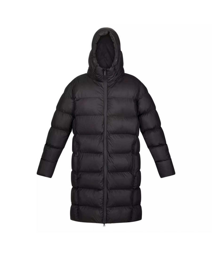 Outer Materials: 100% Polyester. Filling: Faux Down, Feather-Free. Lining: Polyamide. Design: Logo, Quilted. Fabric Technology: DWR Finish, Insulating, Water Repellent. Neckline: Hooded. Sleeve-Type: Long-Sleeved. Cuff: Storm Cuff. Hood Features: Adjustable, Grown On Hood. Length: Longline. Pockets: 2 Lower Pockets, Water Repellent Zip, 1 Security Pocket, Internal, Zip. Fastening: Water Repellent Zip. Sustainability: Made from Recycled Materials.