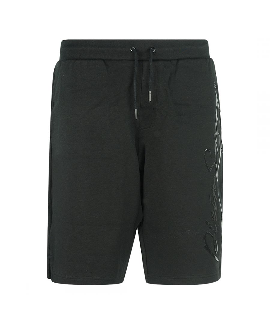 Philipp Plein zwarte short met handtekeninglogo. Philipp Plein sport zwarte korte broek. 51% katoen 49% polyester. Grote Plein-branding aan de zijkanten. Trekkoord banden. Stijlcode: PCPS601 99
