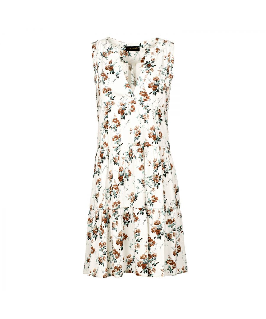 This ecru floral dress with gathered seams is crafted in woven viscose fabric. It is sleeveless and has a round neckline with a 24cm V opening in the front. There is a press stud on the inside at the bottom of the V to prevent it opening too much. There is oblong shaped double fabric below the V opening in the front. The dress has two 24cm wide ruched panels. There is a double pleat in the back. The dress is styled in a loose A line silhouette and it hits above the knee.