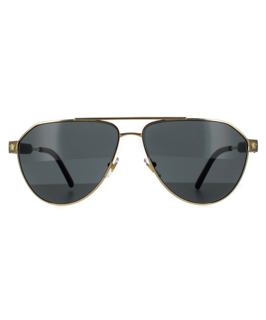 Versace Aviator Mens Gold Dark Grey  Sunglasses Versace are a aviator lens style crafted from lightweight metal. Adjustable nose pads and Plastictemple tips ensure ultimate all day comfort. The iconic Versace Medusa head features on the hinges for brand authenticity.