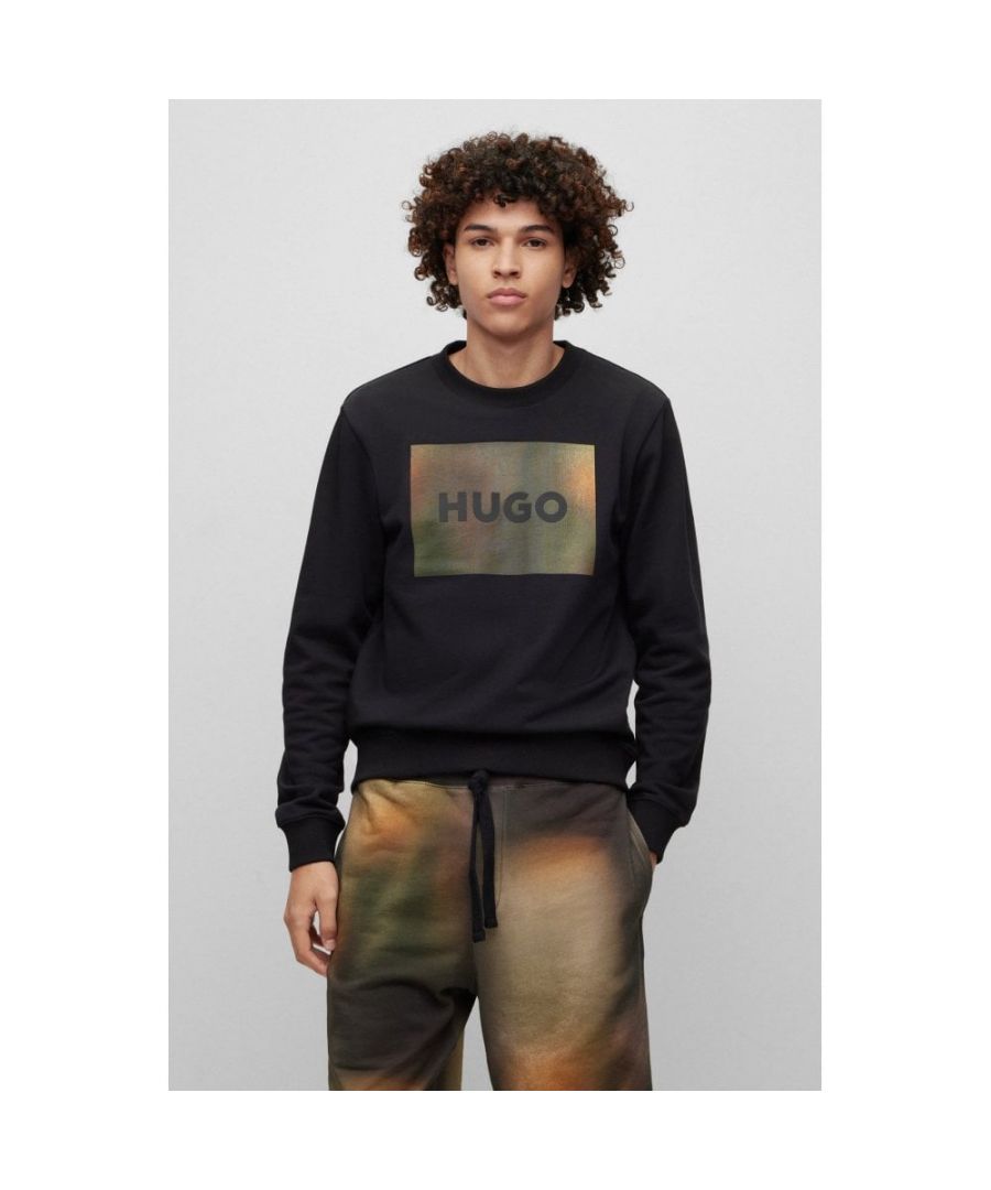 A regular-fit sweatshirt in cotton terry with a bleached-effect box-print logo by HUGO Menswear.\nRegular fitLong sleeves\n100% Cotton, Waistband: 96% Cotton, 4% Elastane\n50488906