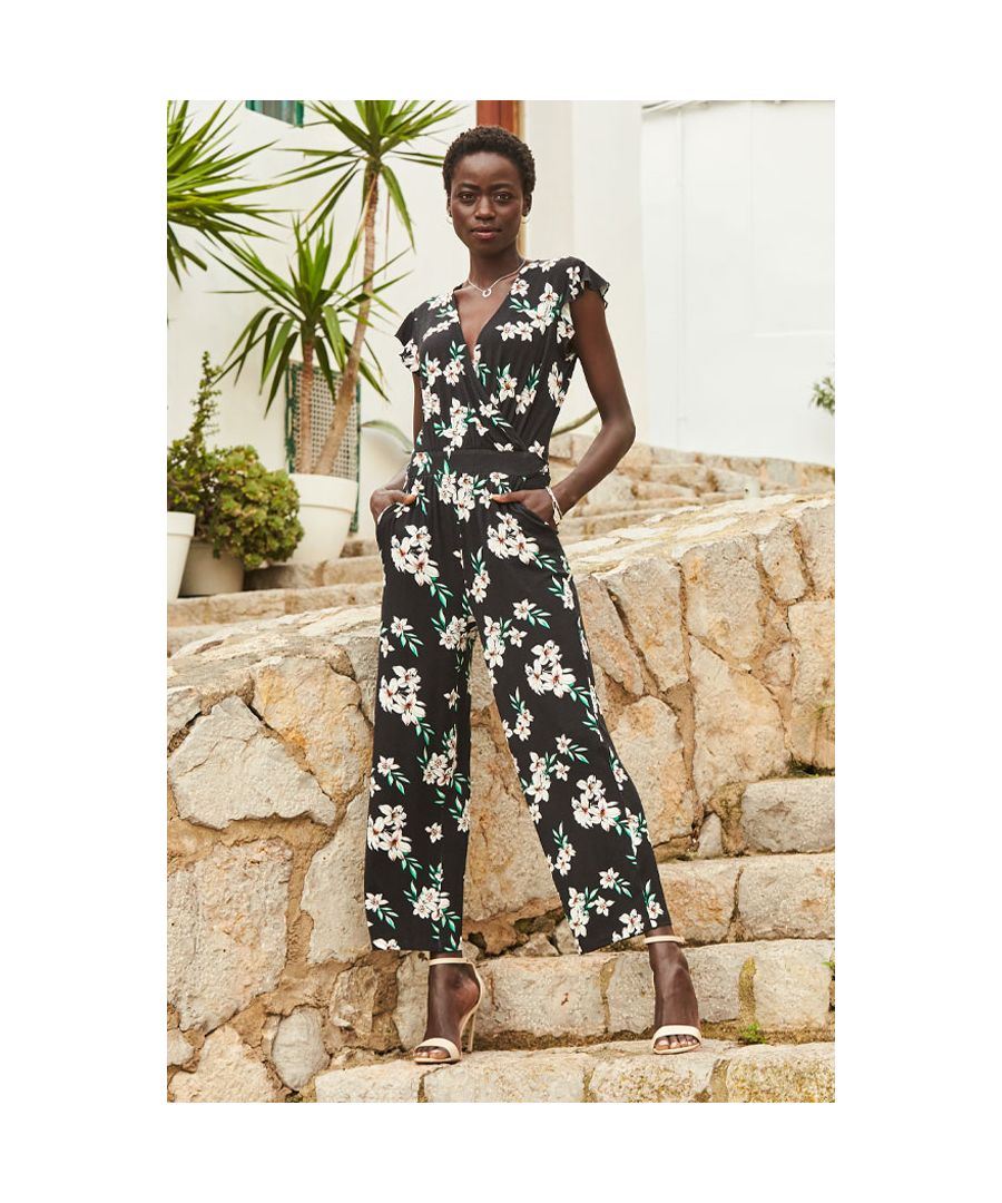 Sosandar Womens Black & White Floral Print Wrap Front Culotte Jumpsuit Viscose - Size 6 Short