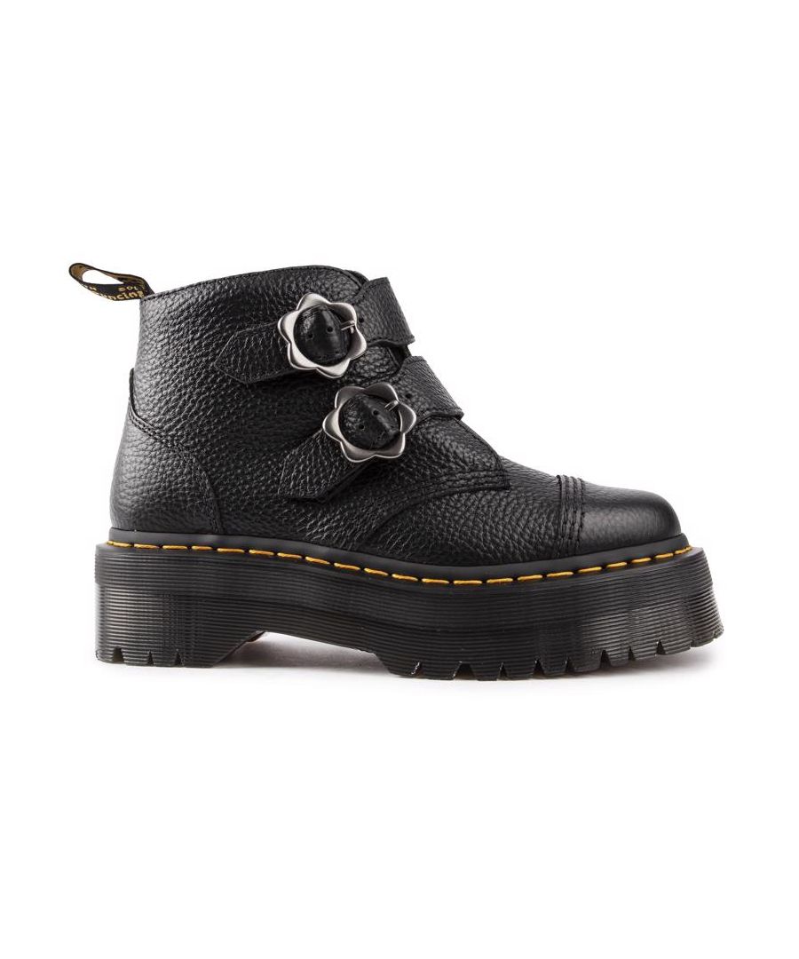 This Women's Dr Martens Devon Flower Platform Boots Are An Edgy Feminine Take On The Classic Dr. Martens. This Mid Top Style Is Sat On A Chunky 4,5 Cm Plateau Sole And Features Flower Shaped Buckle Details Alongside The Iconic Yellow Stitching.