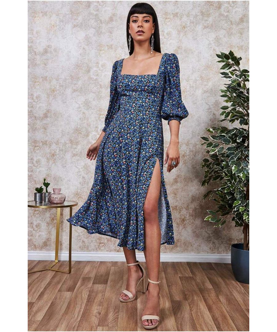 Image for Goddiva Puffed Sleeve Floral Midi Dress - Blue