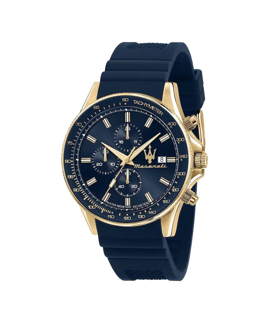 Robuust heren horloge van het merk Maserati. Het horloge heeft een siliconen polsbandje dat gemakkelijk kleiner gemaakt kan worden, de kast heeft een diameter van 44 mm en het uurwerk is van Quartz.  Merk: Maserati. Modelnaam: R8871640004 (44mm). Categorie: heren horloge. Materialen: edelstaal, silicoon. Kleur: goud, blauw