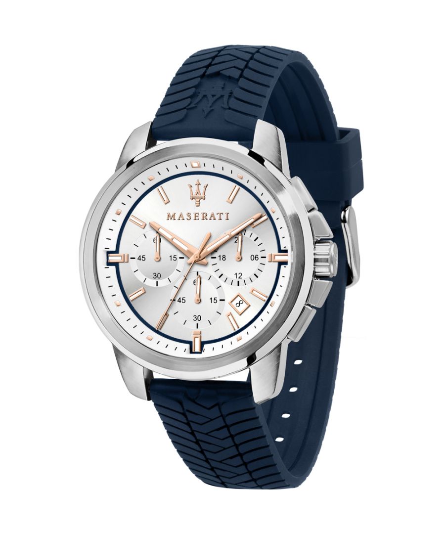 Stijlvol heren horloge van het merk Maserati. Het horloge heeft een polsbandje dat ook kleiner gemaakt kan worden, de kast heeft een diameter van 40 mm en het uurwerk is van Quartz.  Merk: MaseratiModelnaam: R8871621013 (44mm)Categorie: heren horlogeMaterialen: edelstaal, silicoonKleur: zilver, blauw