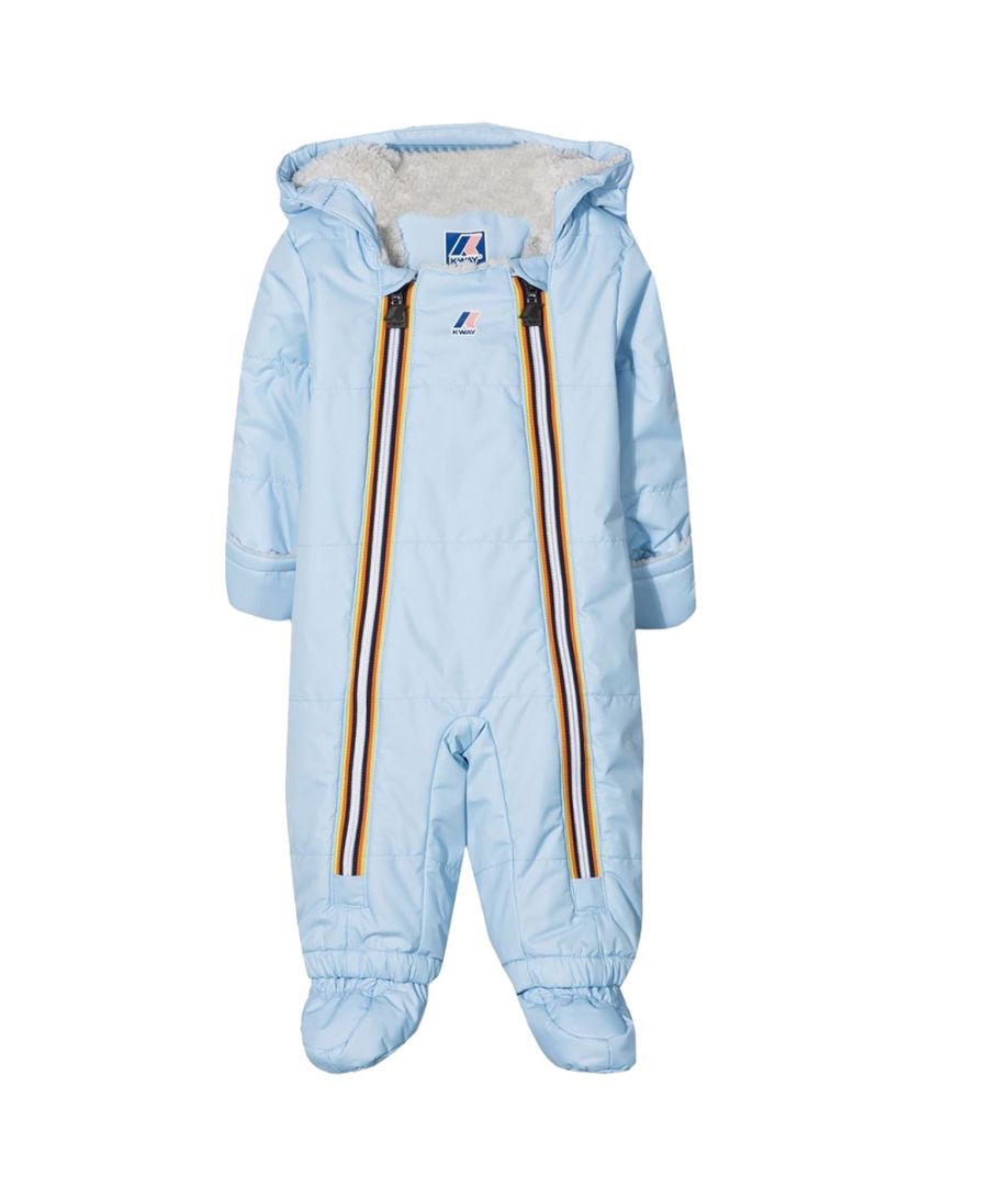 Blue hooded padded bodysuit from K WAY KIDS featuring padded design, logo patch to the front, long sleeves, front zip fastening and classic hood.