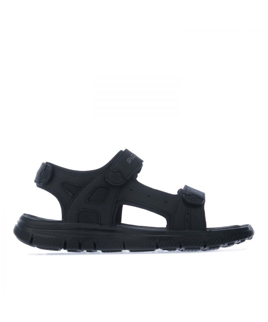 Mens Skechers Flex Adavantage Upwell Sandal in black.- Soft synthetic leather upper.- Velcro strap fastening.- Embossed details on straps.- SKECHERS logo on the instep strap.- Memory Foam insole.- EVA midsole - designed for comfort and extra cushioning.- Synthetic upper  Synthetic and Textile lining  Synthetic sole.- Ref.: 51874BBK