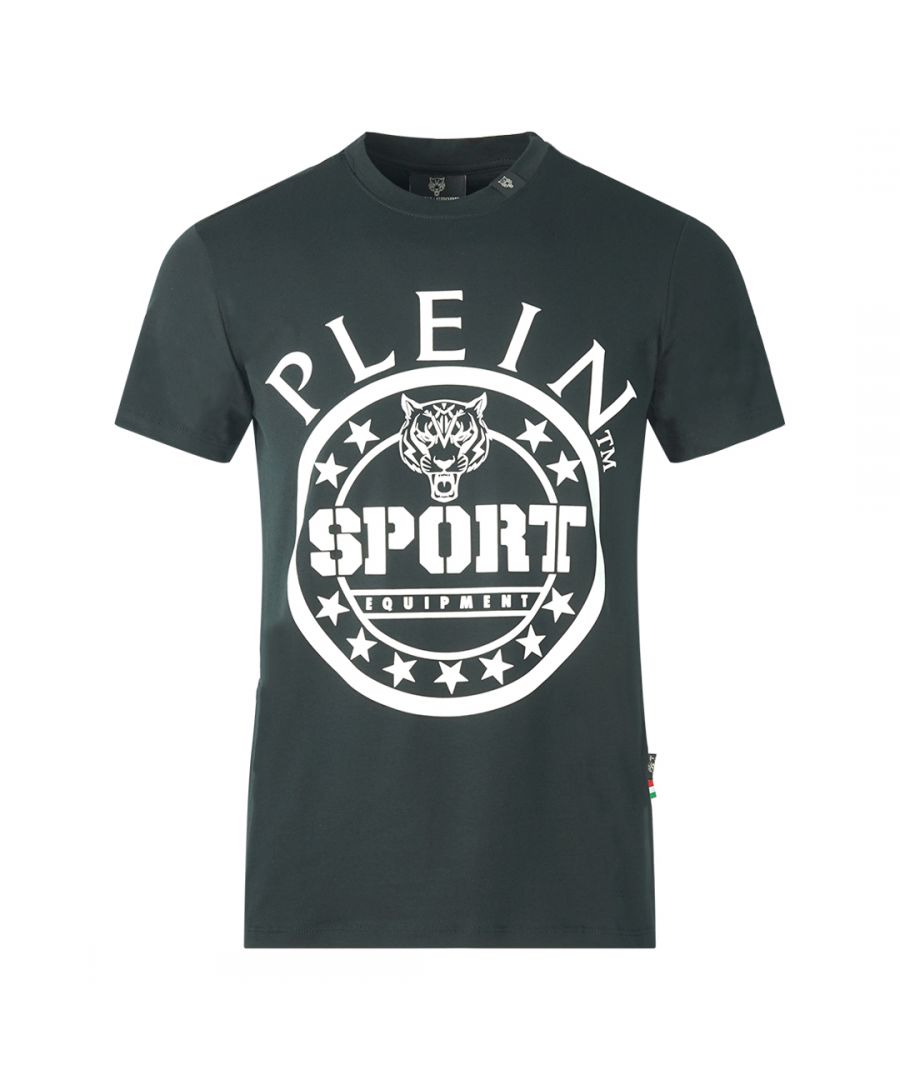Plein Sport T-shirt met groot cirkellogo in zwart. Philipp Plein sport zwart T-shirt. Stretch pasvorm 95% katoen, 5% elastaan. Plein Sport-merklogo. Gemaakt in Italië. Stijlcode: TIPS128IT 99