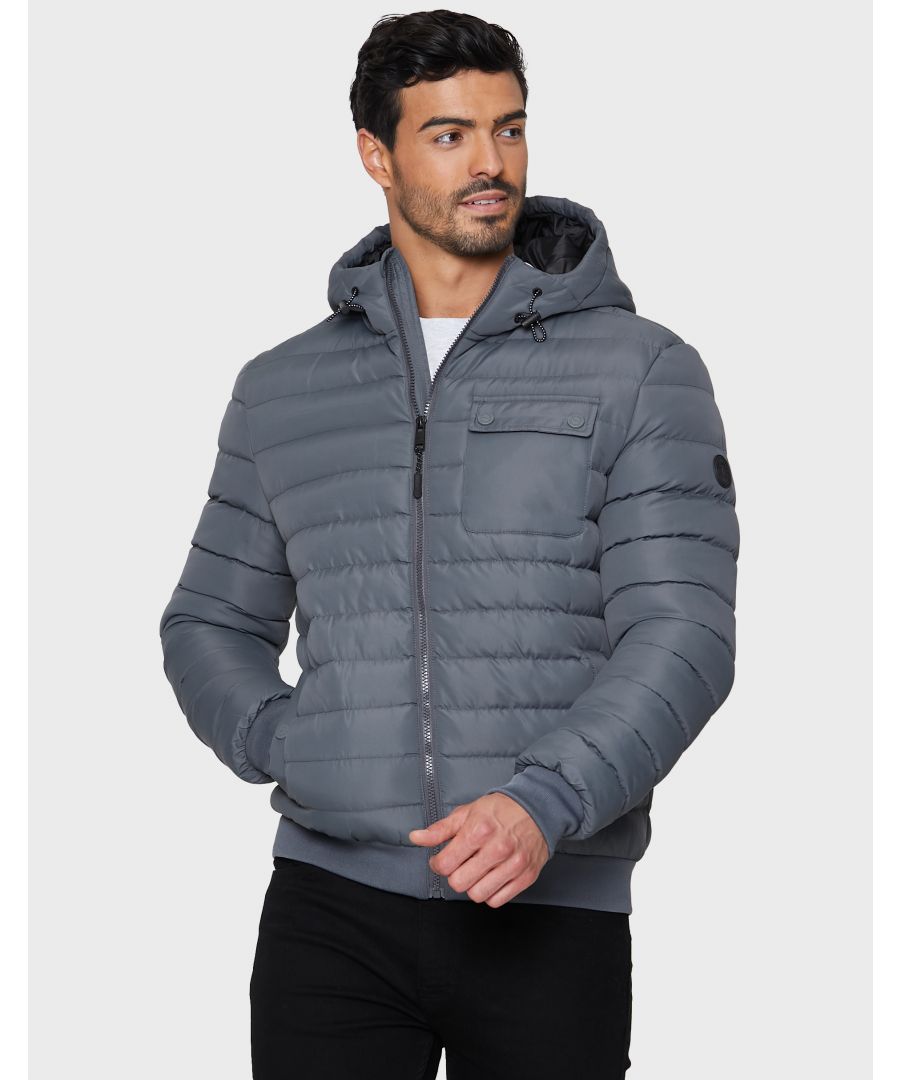 Bring a sporty vibe to your outerwear with this hooded, padded jacket from Threadbare. It features Threadbare branding on the arm, snap fastening front pockets, additional snap fastening chest pocket, and an internal phone size pocket. This style has a high neck with chin guard, bungee cord to adjust the hood and ribbed cuffs and hem for comfort. Other colours available.