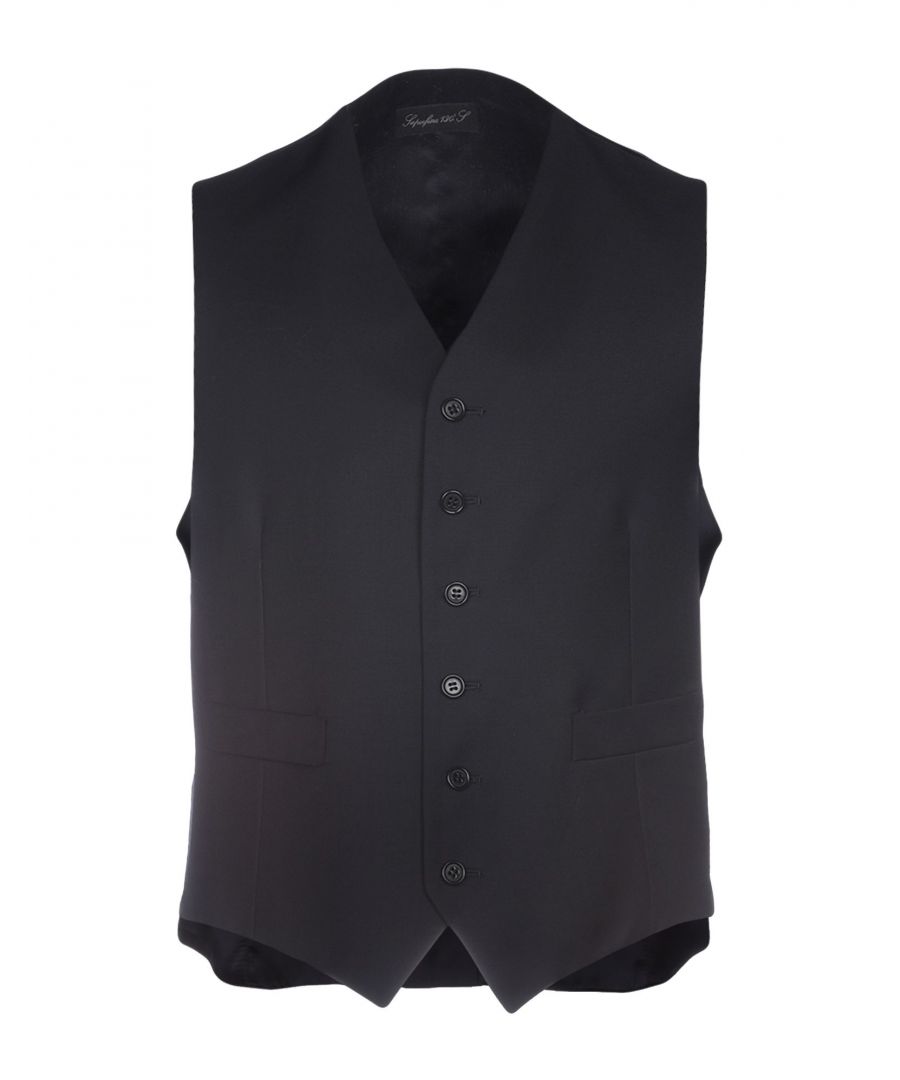 satin, cool wool, logo, basic solid colour, multipockets, button closing, v-neck, single-breasted , sleeveless, fully lined, button closing waistcoat with belt