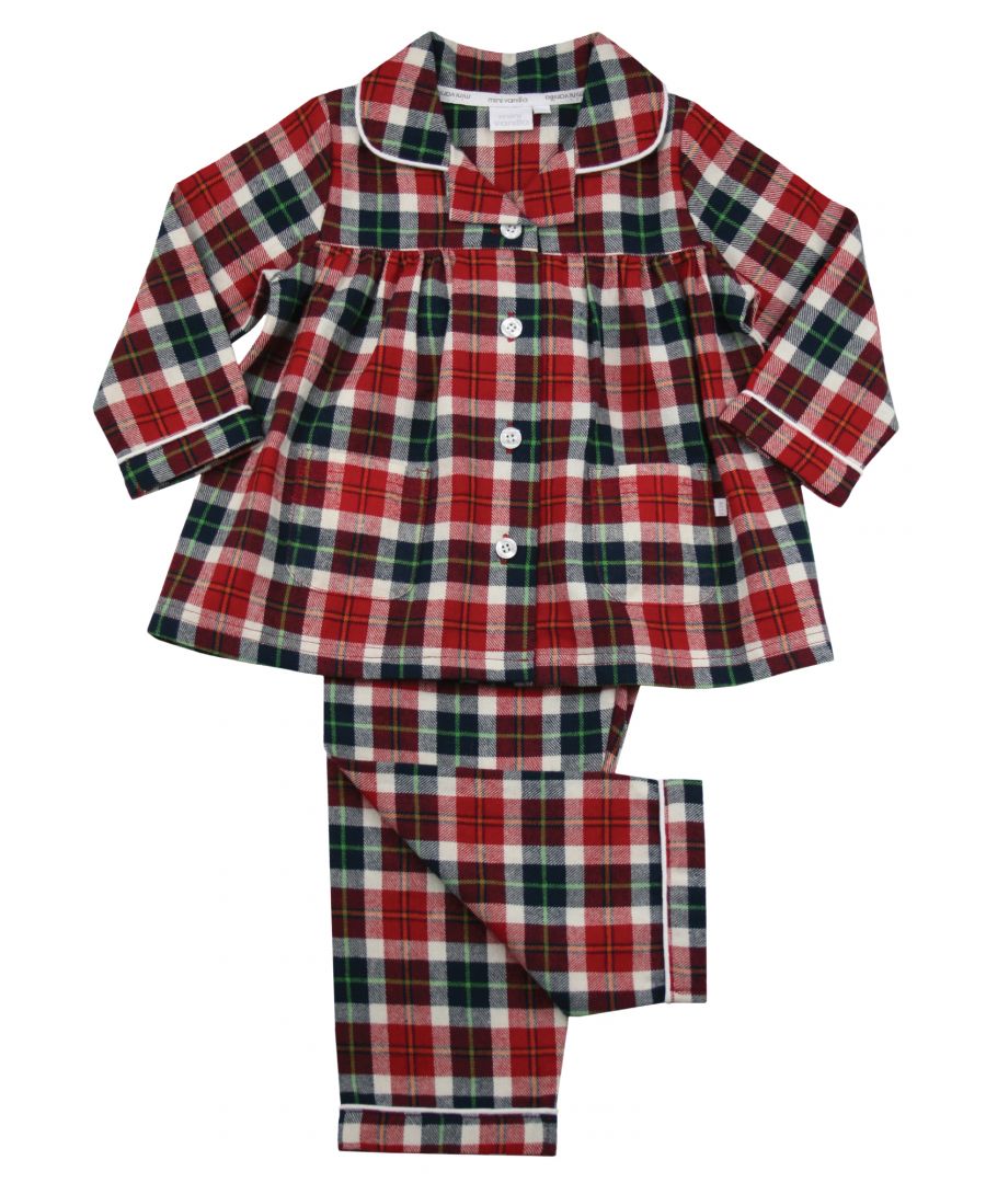 Girls Traditional Christmas Check Pyjamas \nEvery child's wardrobe needs a set of classic pyjamas. Timeless, adorable and comfortable, our Classic Red Christmas Tartan Pyjamas are a lovely option this season. Attention to  details such as the delicate piping make our pyjamas extra special, while soft cotton is gentle on delicate skin - perfect for the sweetest of dreams.\nIt’s easy to create a Family Christmas look with our Christmas Check range as coordinating styles are also available in our adult, boys and baby range.\n100% cotton\nMachine Washable\nSuper soft luxury brushed cotton fabric\nClassic front chest pocket\nEngraved shell effect buttons\nPiping detail