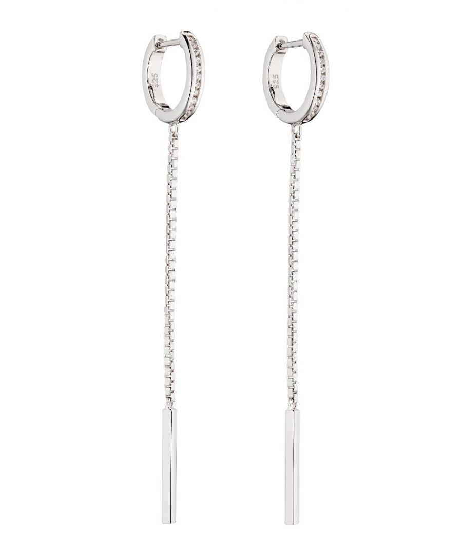 Image for Fiorelli Silver Womens 925 Sterling Silver Baguette Cubic Zirconia & Chain Drop Huggie Hoop Earrings