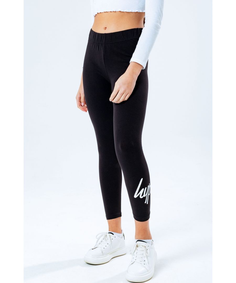Junior Girls Hype Script Logo Leggings in black.<BR><BR>- Elasticated waistband.<BR>- The iconic HYPE. script logo in a contrasting white.<BR>- Soft  stretchy cotton fabric.<BR>- 95% Cotton  5% Elastane. Machine washable.<BR>- Ref: HYPBALEG001