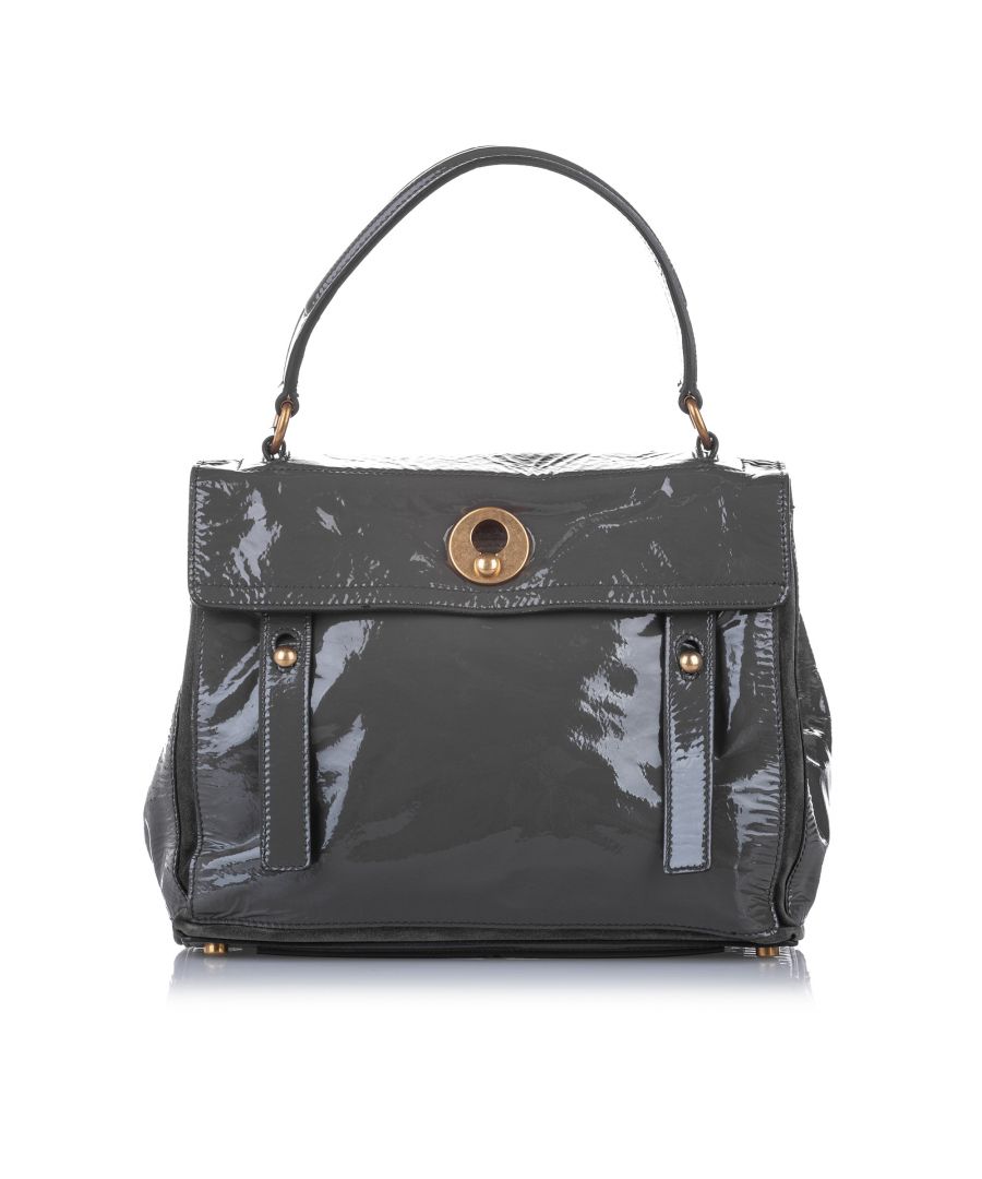 VINTAGE. RRP AS NEW. The Muse Two handbag features a patent leather body, a flat leather top handle, a front flap with a hook closure, and an interior zip compartment.\n\nDimensions:\nLength 24cm\nWidth 30.99cm\nDepth 14cm\nHand Drop 14cm\n\nOriginal Accessories: Dust Bag, Dust Bag\n\nColor: Gray\nMaterial: Leather x Patent Leather\nCountry of Origin: Italy\nBoutique Reference: SSU120659K1342\n\n\nProduct Rating: VeryGoodCondition\n\nCertificate of Authenticity is available upon request with no extra fee required. Please contact our customer service team.