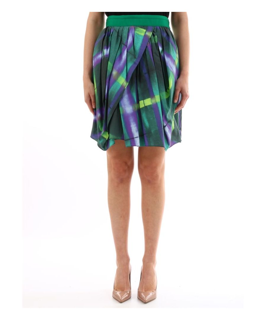 Green patterned skirt with colorful patterns. Elastic waistband.The model is 1.83 high and wears size S / 40IT / 26US / 36FR / 8UK