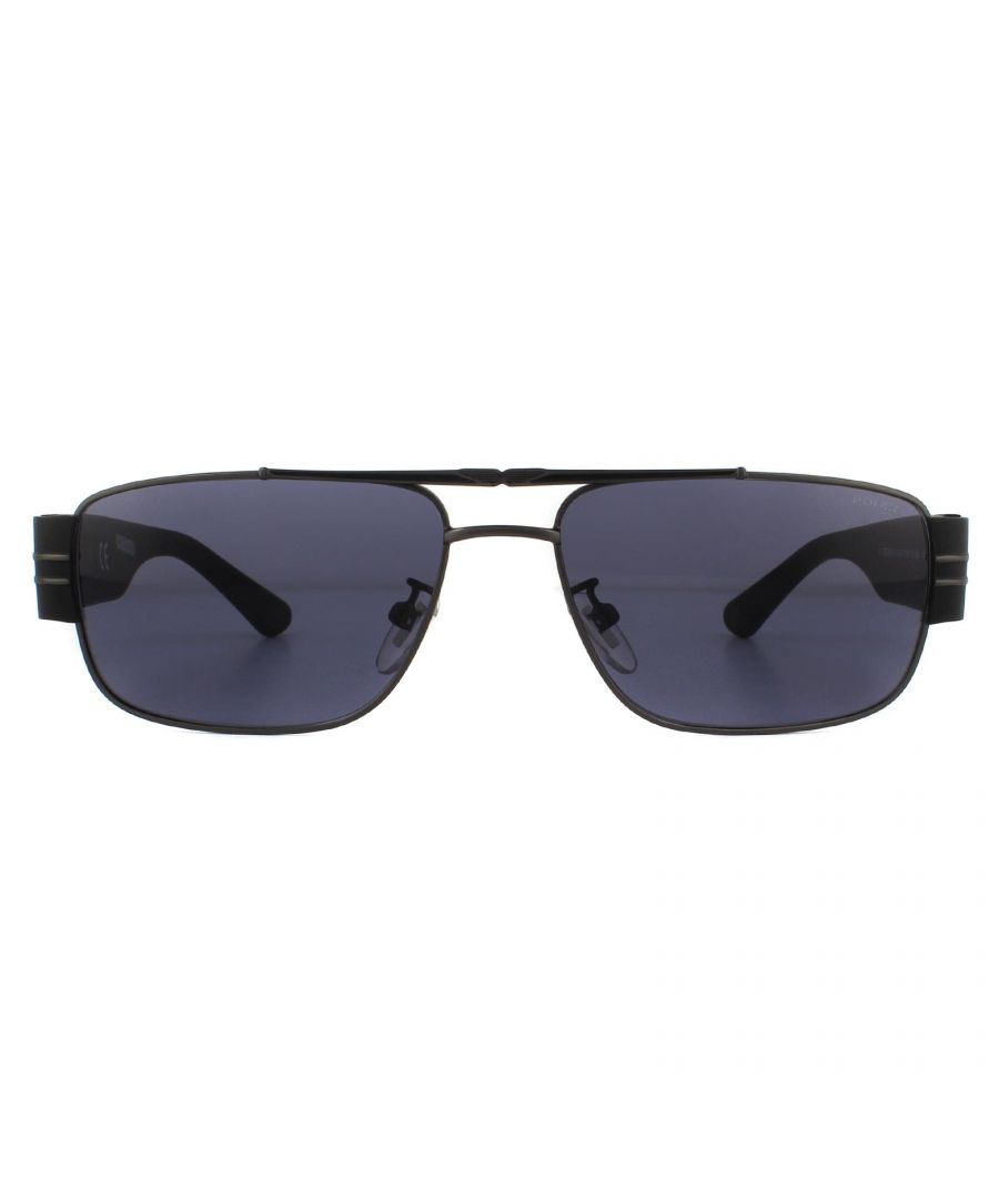 Police Sunglasses SPLA55 Origins 29 08H5 Matte Gunmetal Grey Gradient are vintage inspired rectangular shaped frame. The double bridge design and adjustible nose pads allow for a comfortable all day fit. Super thick temples are embellished with a Police logo for brand recognition