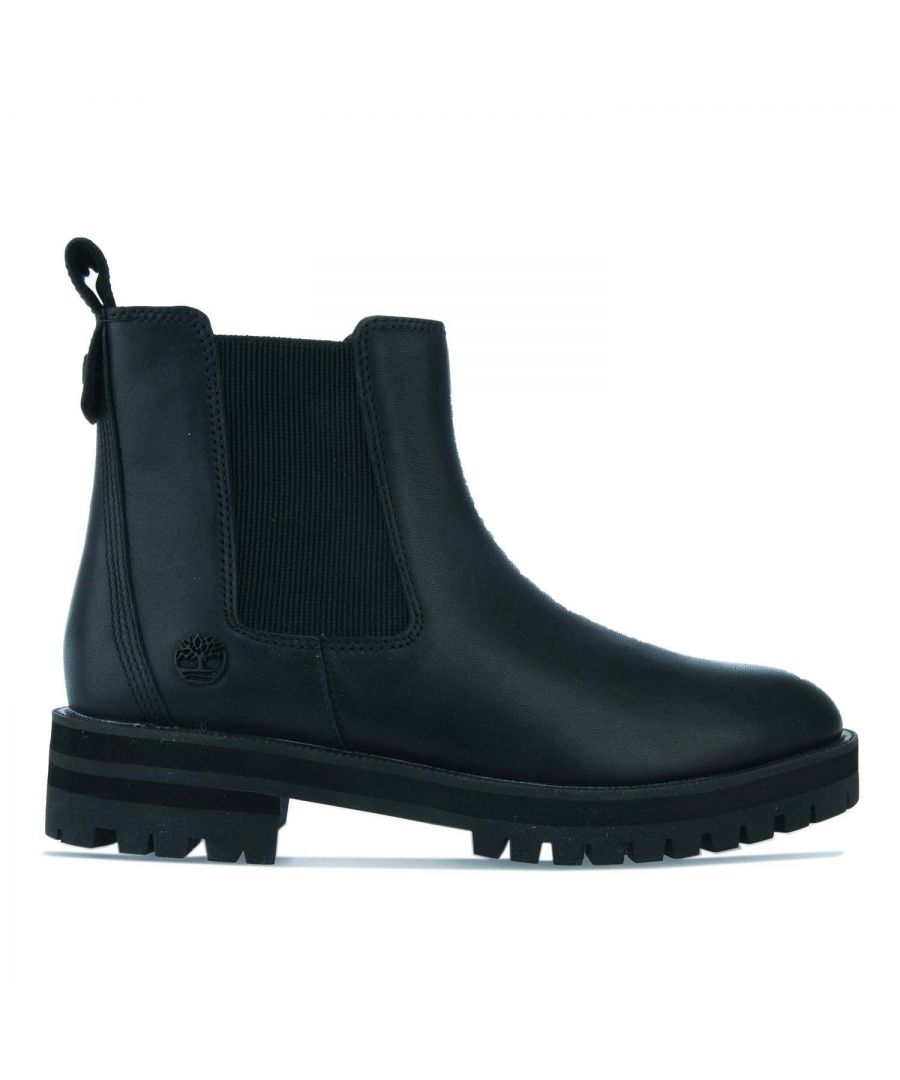Womens Timberland London Square Double Gore Chelsea Boots in black.- Upper made with Better Leather from an LWG Silver-rated tannery.- Pull-on style with dual stretch gore.- ReBOTL™ fabric lining.- Two-part flex insole.- OrthoLite Footbed.- Leather welt.- EVA midsole.- Rubber lug outsole.- Ref: CA2KRE