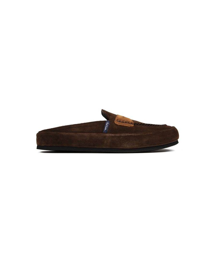 Men's Brown Paul Smith Nemean Open Back Slippers Made With A Soft Suede Upper And Contrast Saddle Detail. These Slip-on Loafers Have A Rubber Branded Sole And Signature Branding To Heel And Footbeds.