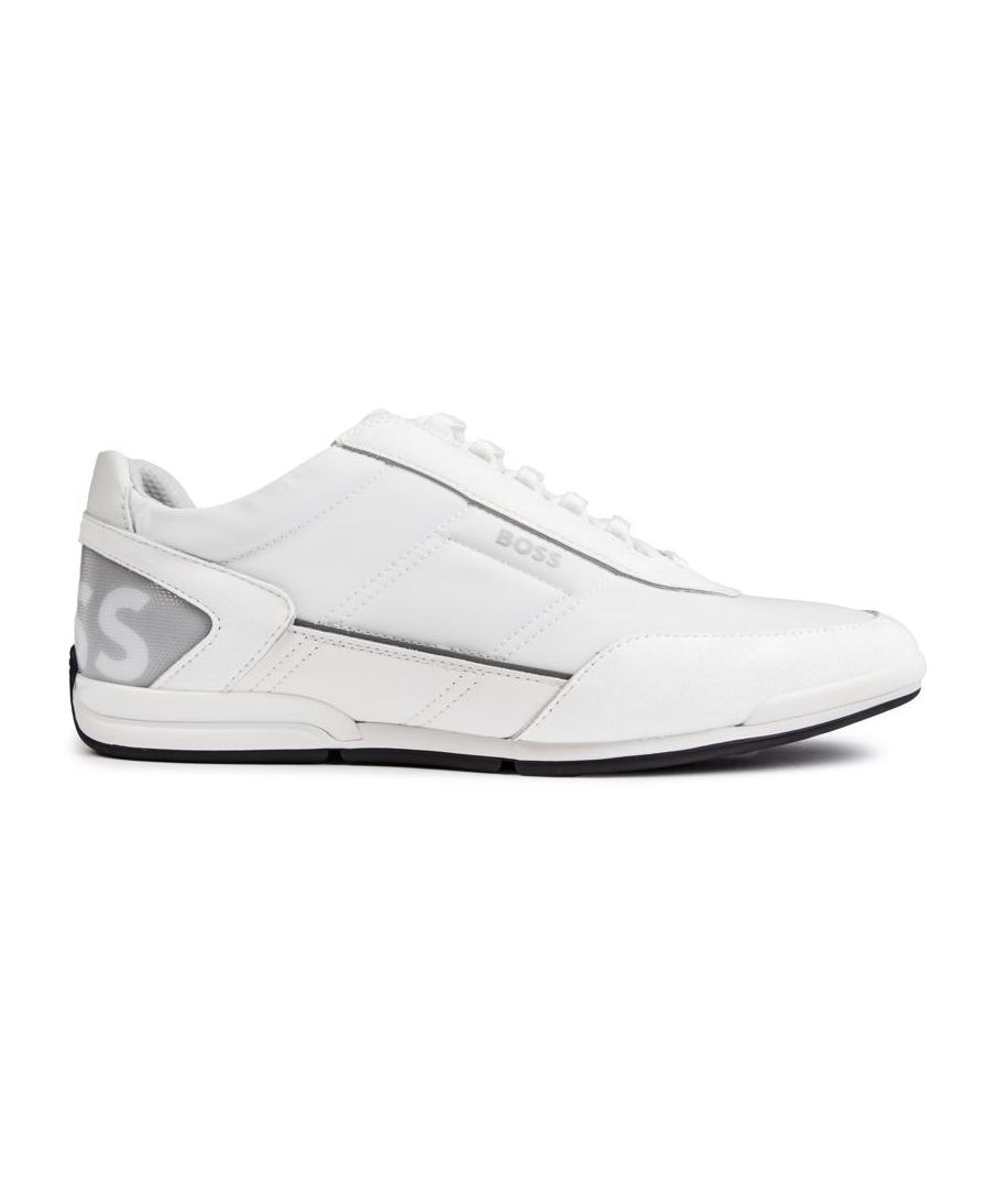 The Boss Saturn Low Trainer Keeps The Fashion Stakes High And Is Finished In A White Luxurious Nylon Upper With Contemporary Grey And Black Details. This Stylish Trainer Features Signature Branding, Branded Top Eyelets And Has A Low Profile Sole For A Sleek Designer Look.
