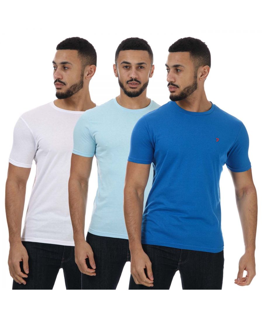 Mens Farah Albies 3 Pack T- Shirt in blue- white.- Crew neck.- Short sleeves.- Pack of three.- Farah Signature branding to chest.- Regular fit.- 100% Cotton. Machine washable. - Ref: FR2P120381BS