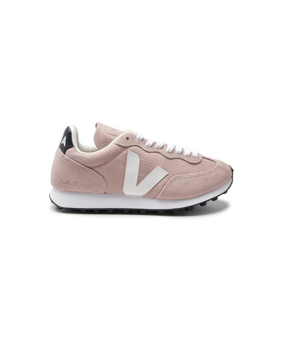 Women's Pink Veja Rio Lace Up Sneakers Made From Nylon And Suede Uppers And B- Mesh From Recycled Plastic Bottles. These Sustainable Trainers, Made In Brazil, Have An Organic Cotton Lining, Padded Collar, Studded Rubber Sole, And Debossed Branding To Tongue.