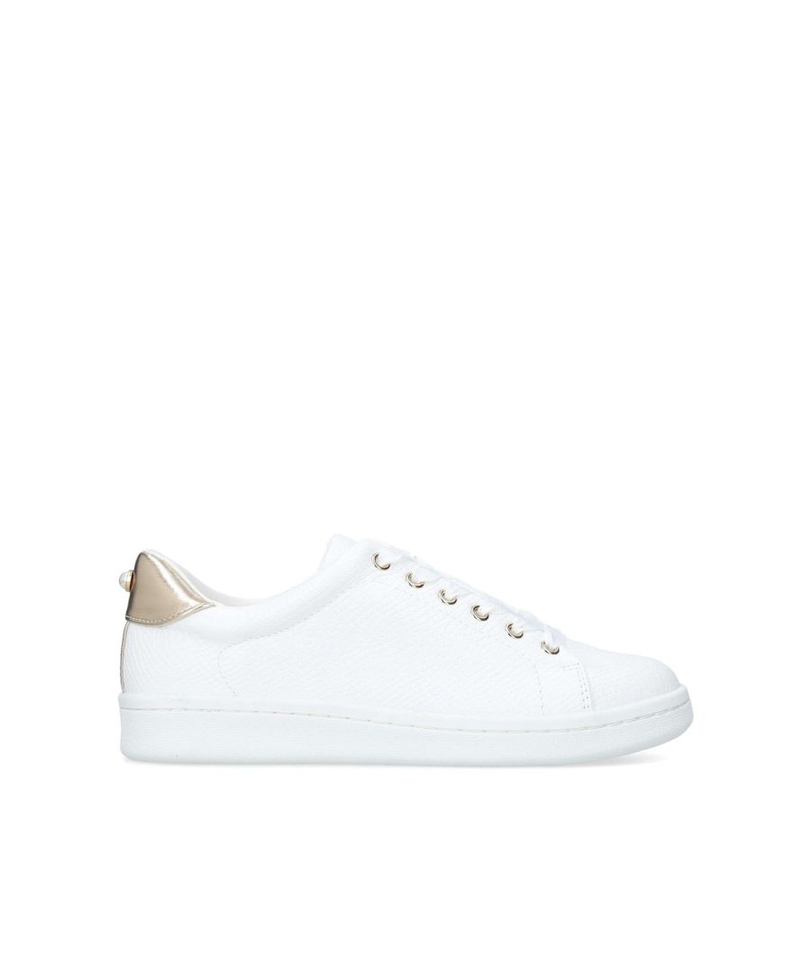 Go for a contemporary look on your days off with the Kori sneaker by Miss KG. In clean white, this style is made for all-day comfort and finished with discreet gold hardware,  metallic heel and faux-pearl stud.