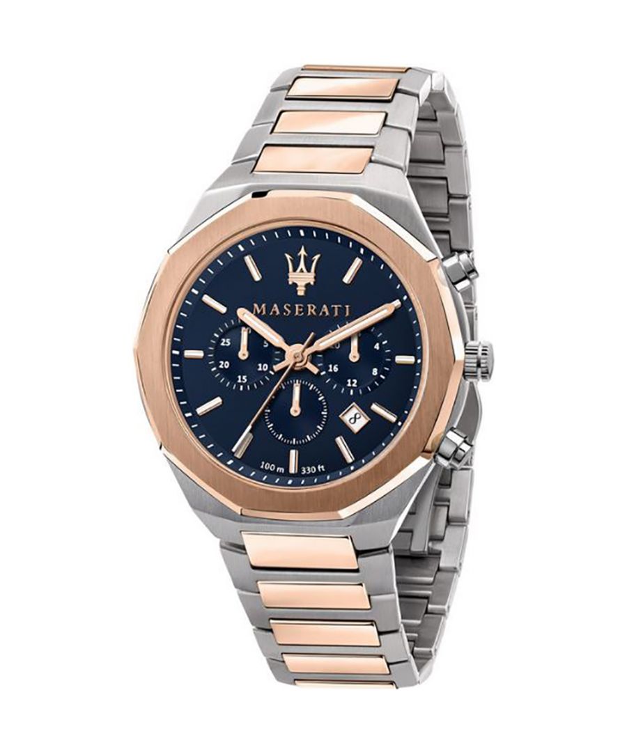 Stijlvol rosegoud- en zilverkleurig heren horloge van het merk Maserati. Het horloge heeft een polsbandje dat ook kleiner gemaakt kan worden, de kast heeft een diameter van 45mm en het uurwerk is van Quartz.  Merk: MaseratiModelnaam: R8873642002 (45mm)Categorie: heren horlogeMaterialen: edelstaalKleur: zilver, rose, blauw
