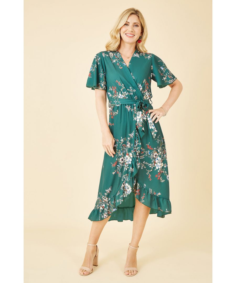 Mela London Womens Green Floral Dip Hem Wrap Midi Dress - Size 24 UK